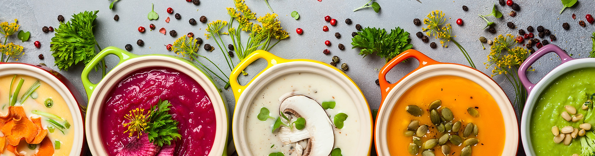 Colorful bowls with a variety of multi-colored soups.  Herbs are scattered around.